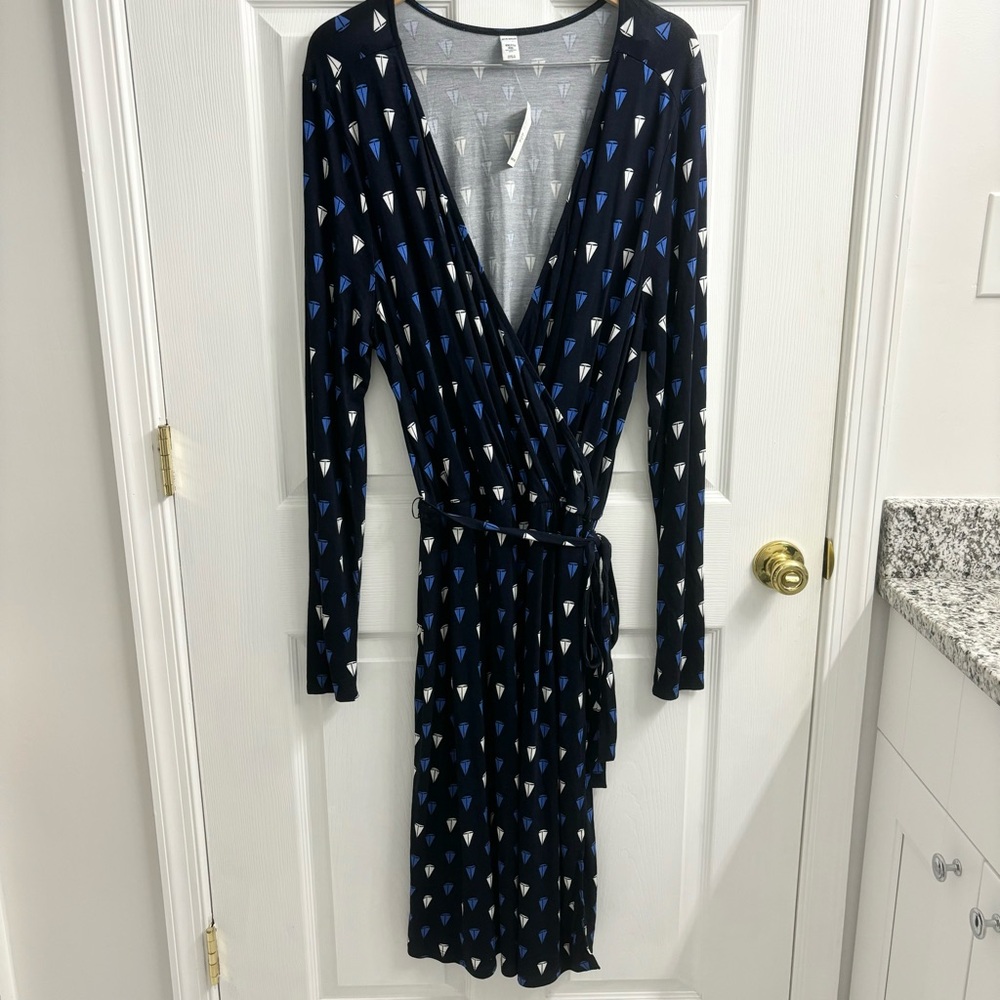 Faux Wrap Dress XXL Tall Old Navy Blue Long Sleeve Belted Printed NWT